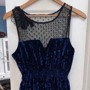 Crushed Blue Velvet cinched-waist mini dress with lace neckline & decal!